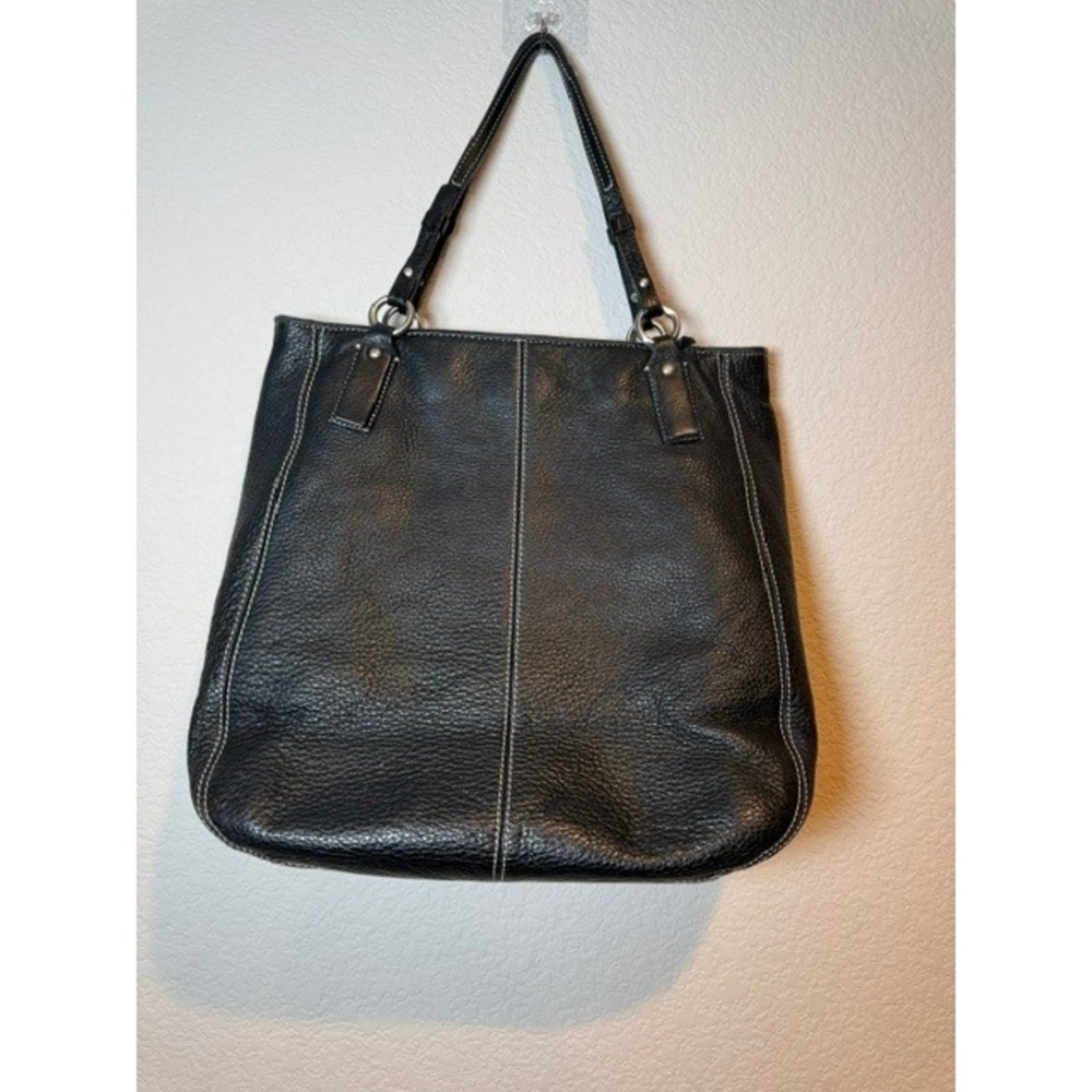 Ann Taylor Black Pebbled Leather Tote Bag White Contrast Stitch Shoulder Bag‎